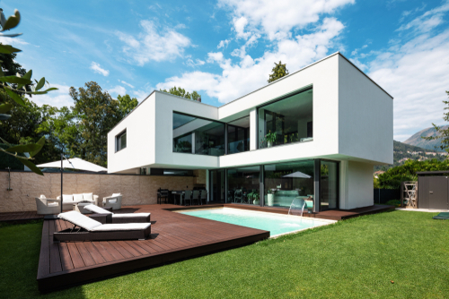 Exterior,Modern,White,Villa,With,Pool,And,Garden,,Nobody,Inside